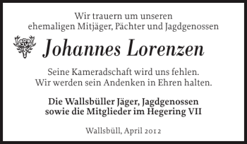 Traueranzeige von Johannes Lorenzen von Flensburger Tageblatt