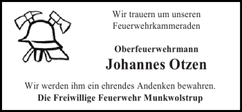 Traueranzeige von Johannes Otzen von Flensburger Tageblatt