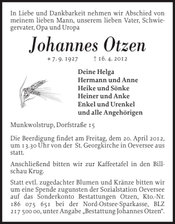 Traueranzeige von Johannes Otzen von Flensburger Tageblatt