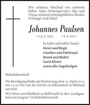 Traueranzeige von Johannes Paulsen von Schleswiger Nachrichten