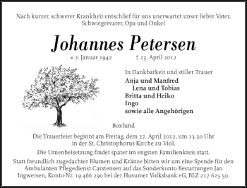 Traueranzeige von Johannes Petersen von Husumer Nachrichten