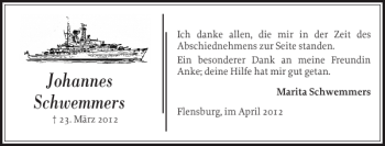 Traueranzeige von Johannes Schwemmers von Flensburger Tageblatt