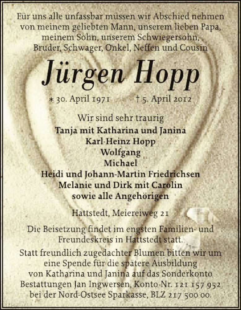  Traueranzeige für Jürgen Hopp vom 10.04.2012 aus Husumer Nachrichten