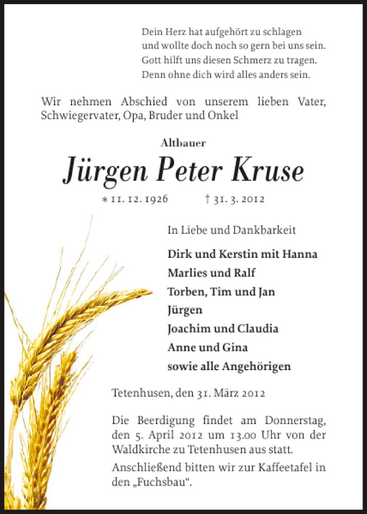  Traueranzeige für Jürgen Peter Kruse vom 03.04.2012 aus Landeszeitung