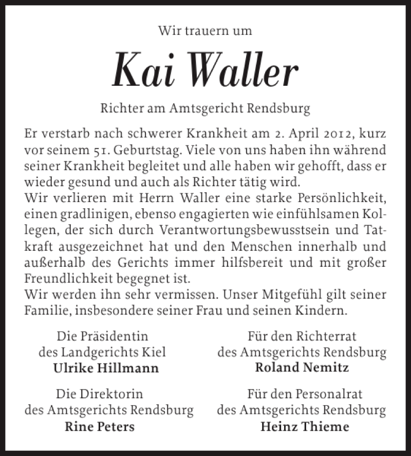  Traueranzeige für Kai Waller vom 07.04.2012 aus Landeszeitung