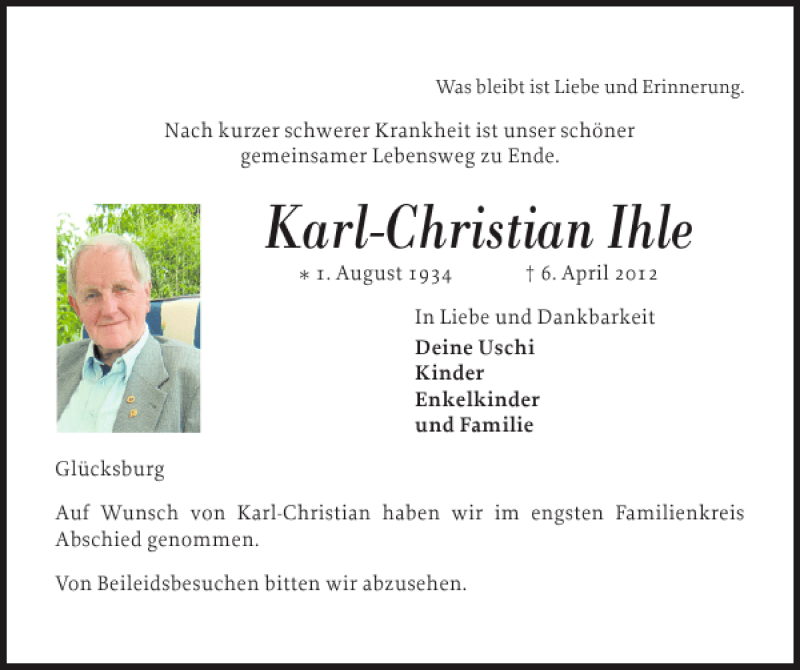  Traueranzeige für Karl-Christian Ihle vom 14.04.2012 aus Flensburger Tageblatt