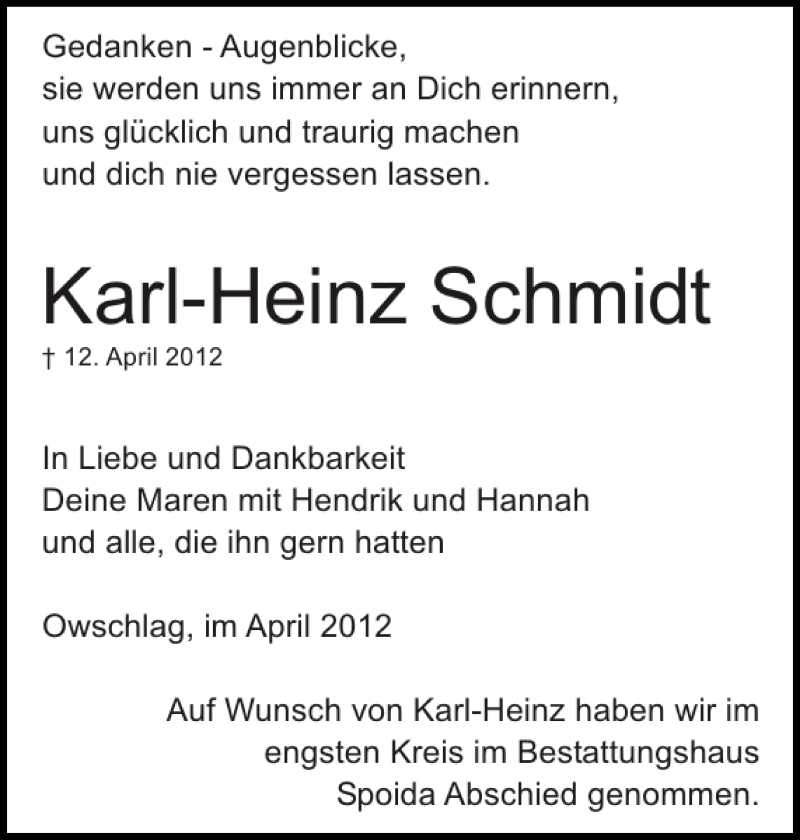  Traueranzeige für Karl-Heinz Schmidt vom 21.04.2012 aus Landeszeitung