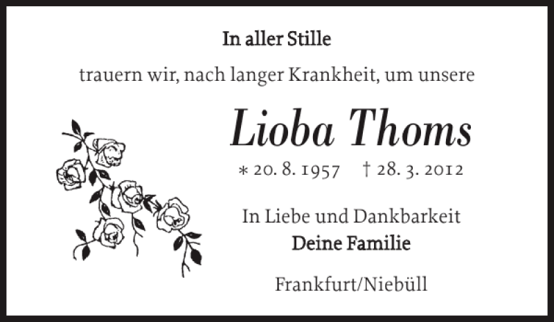  Traueranzeige für Lioba Thoms vom 07.04.2012 aus Nordfriesland Tageblatt