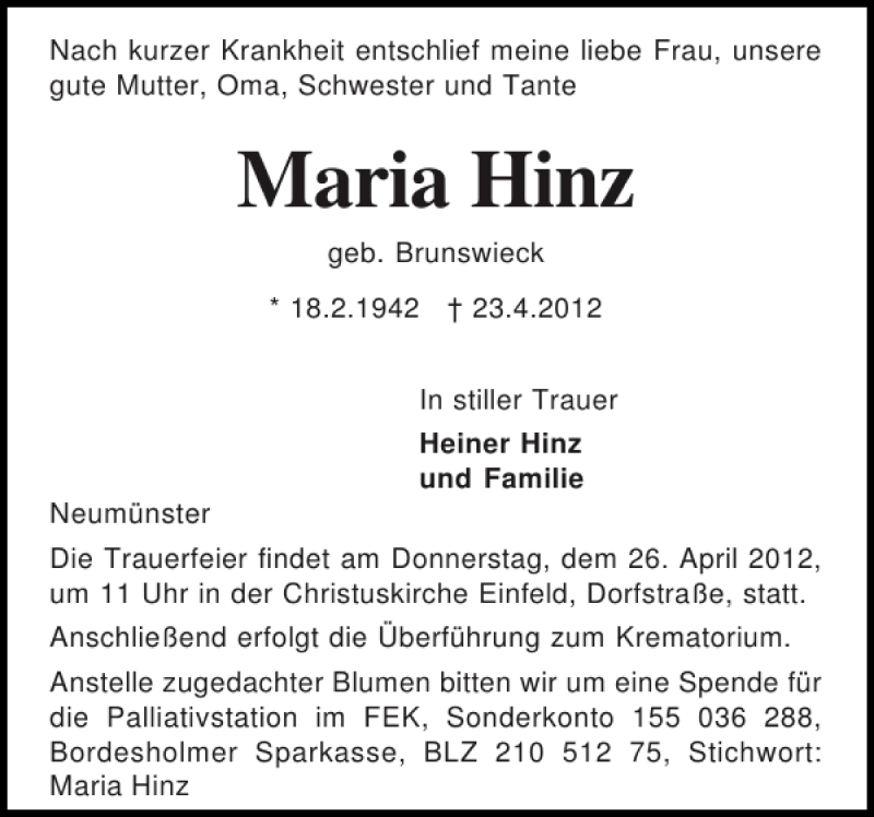  Traueranzeige für Maria Hinz vom 25.04.2012 aus Holsteinischer Courier