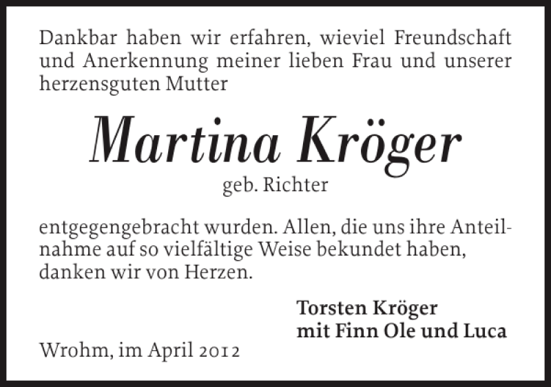  Traueranzeige für Martina Kröger vom 07.04.2012 aus Landeszeitung