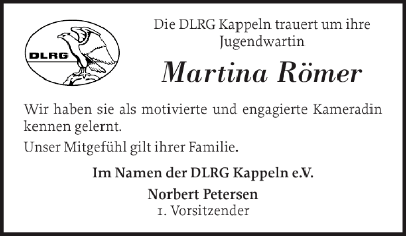 Traueranzeige für Martina Römer vom 07.04.2012 aus Schlei-Bote