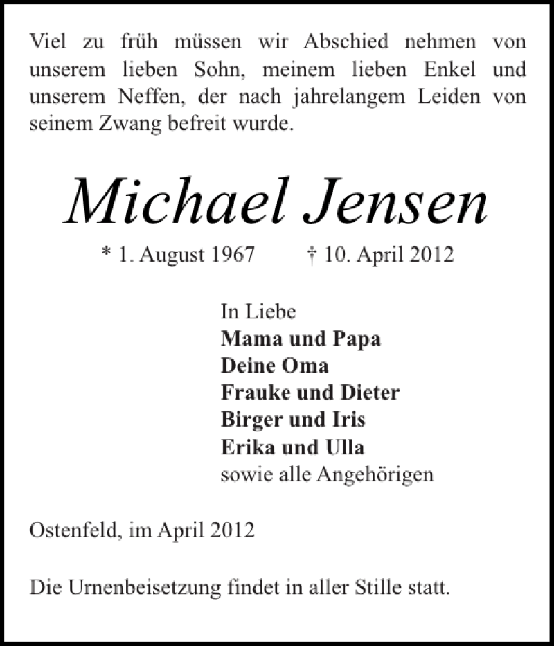  Traueranzeige für Michael Jensen vom 14.04.2012 aus Husumer Nachrichten