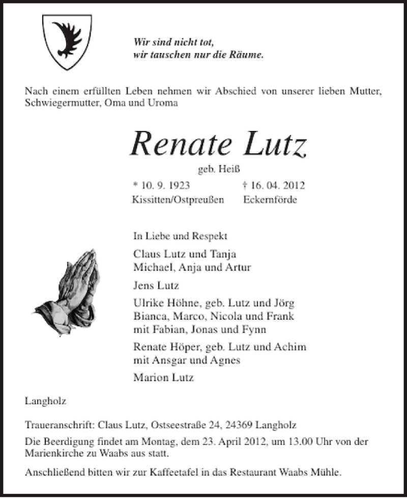  Traueranzeige für Renate Lutz vom 19.04.2012 aus Eckernförder Zeitung