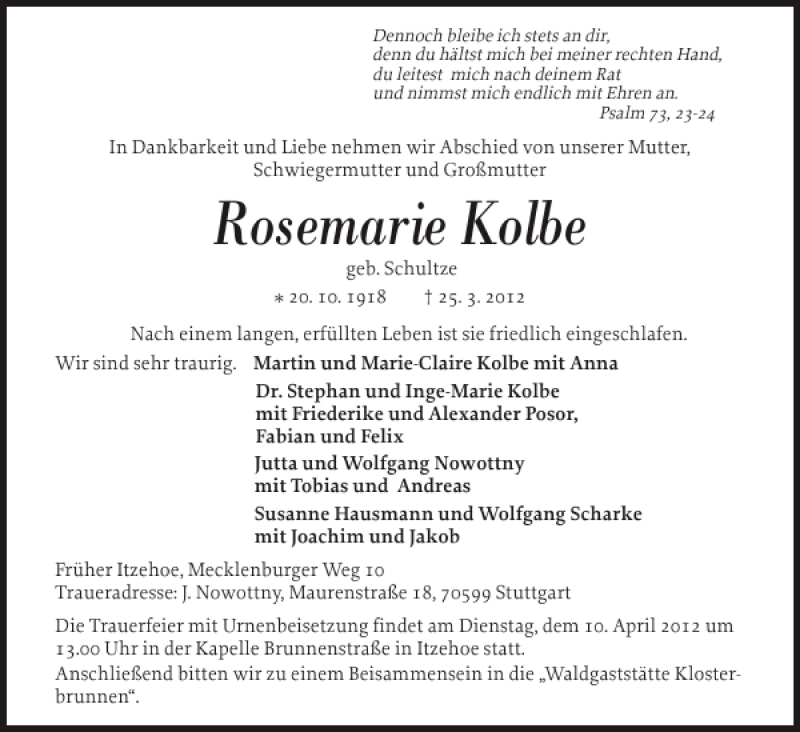 Traueranzeige für Rosemarie Kolbe vom 03.04.2012 aus Norddeutsche Rundschau
