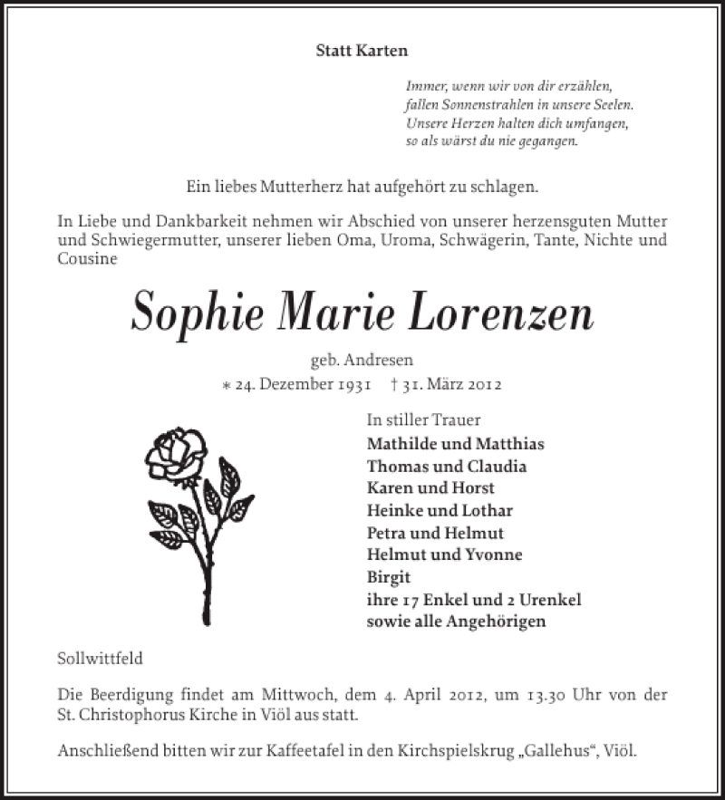  Traueranzeige für Sophie Marie Lorenzen vom 02.04.2012 aus Husumer Nachrichten