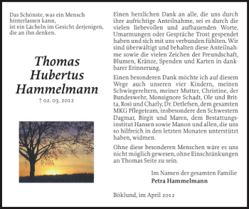 Traueranzeige von Thomas Hubertus Hammelmann von Flensburger Tageblatt