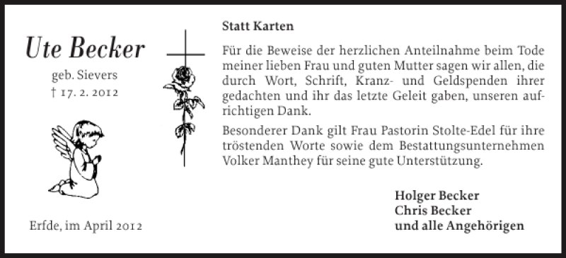  Traueranzeige für Ute Becker vom 07.04.2012 aus Landeszeitung