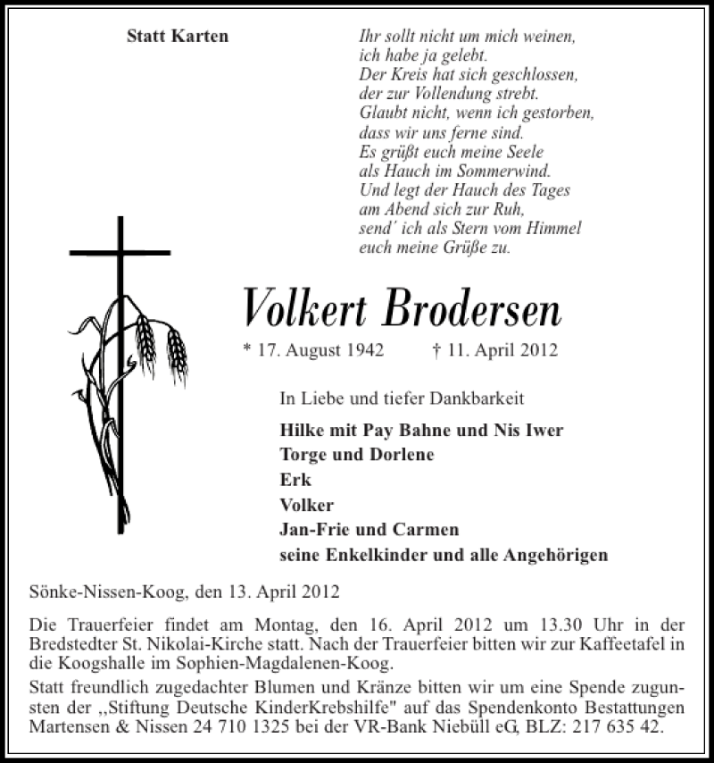  Traueranzeige für Volkert Brodersen vom 13.04.2012 aus Flensburger Tageblatt