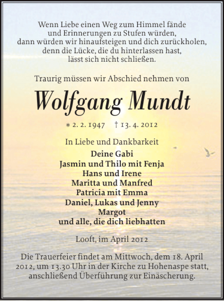  Traueranzeige für Wolfgang Mundt vom 16.04.2012 aus Norddeutsche Rundschau