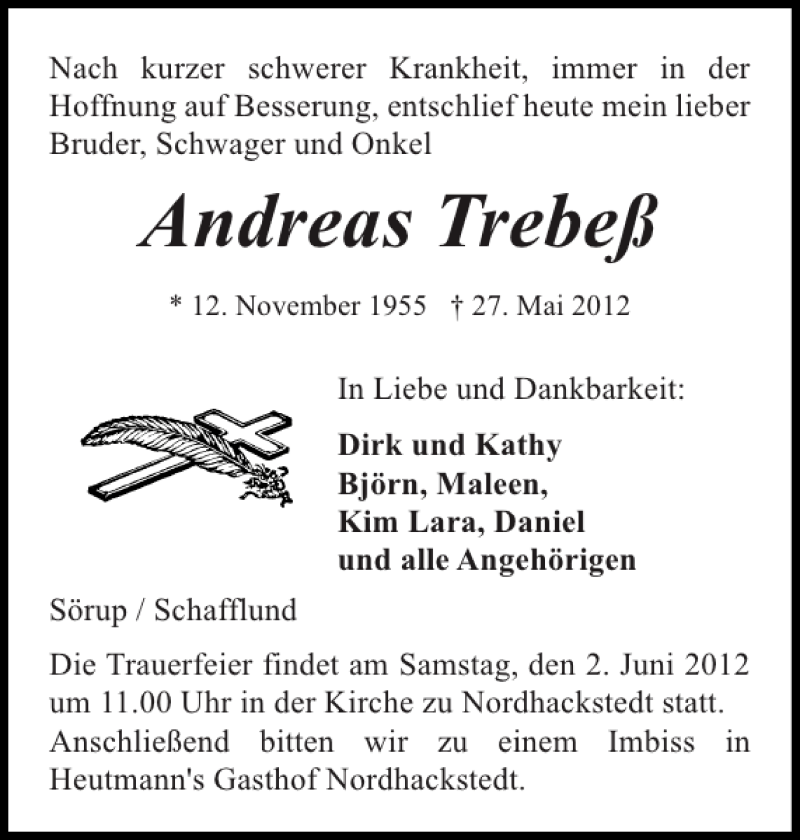  Traueranzeige für Andreas Trebeß vom 30.05.2012 aus Flensburger Tageblatt