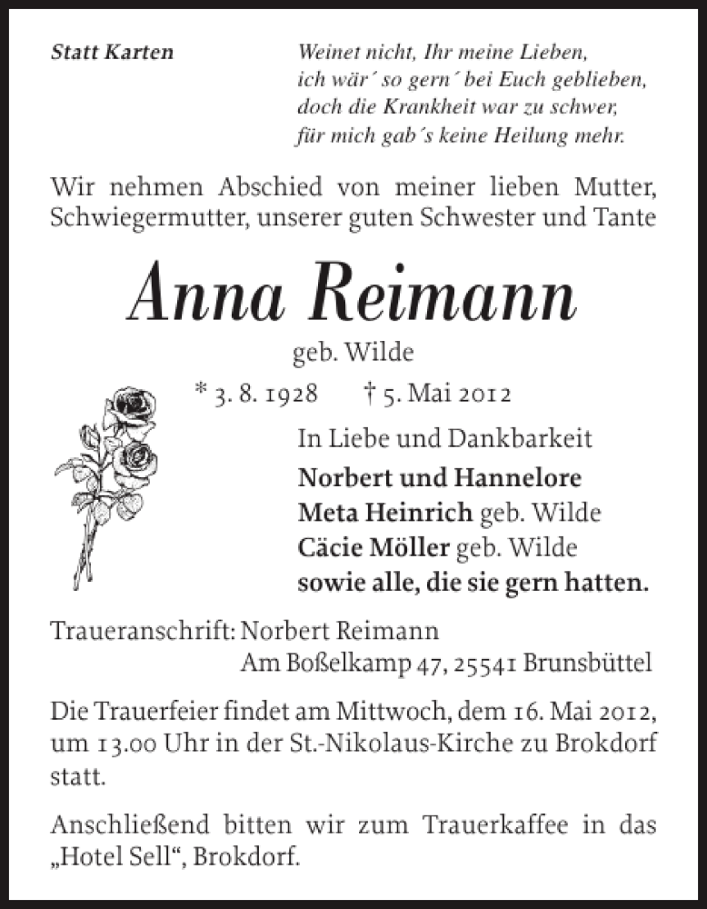  Traueranzeige für Anna Reimann vom 11.05.2012 aus Norddeutsche Rundschau
