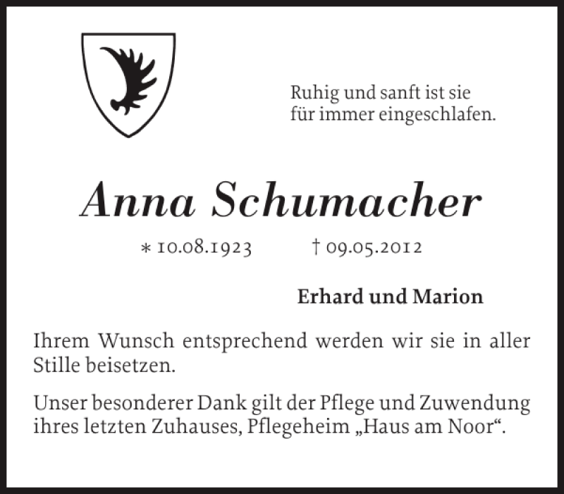  Traueranzeige für Anna Schumacher vom 12.05.2012 aus Eckernförder Zeitung