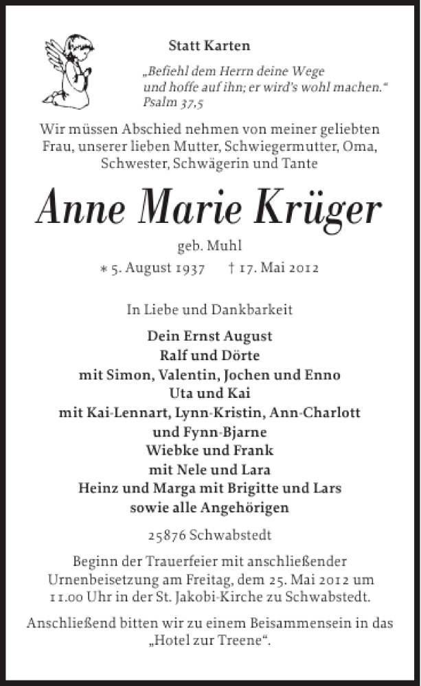  Traueranzeige für Anne Marie Krüger vom 21.05.2012 aus Flensburger Tageblatt