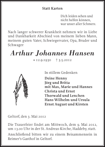 Traueranzeige von Arthur Johannes Hansen von Schleswiger Nachrichten