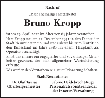 Traueranzeige von Bruno Kropp von Holsteinischer Courier