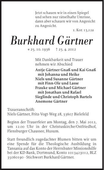 Traueranzeigen von Burkhard Gärtner shz Trauer