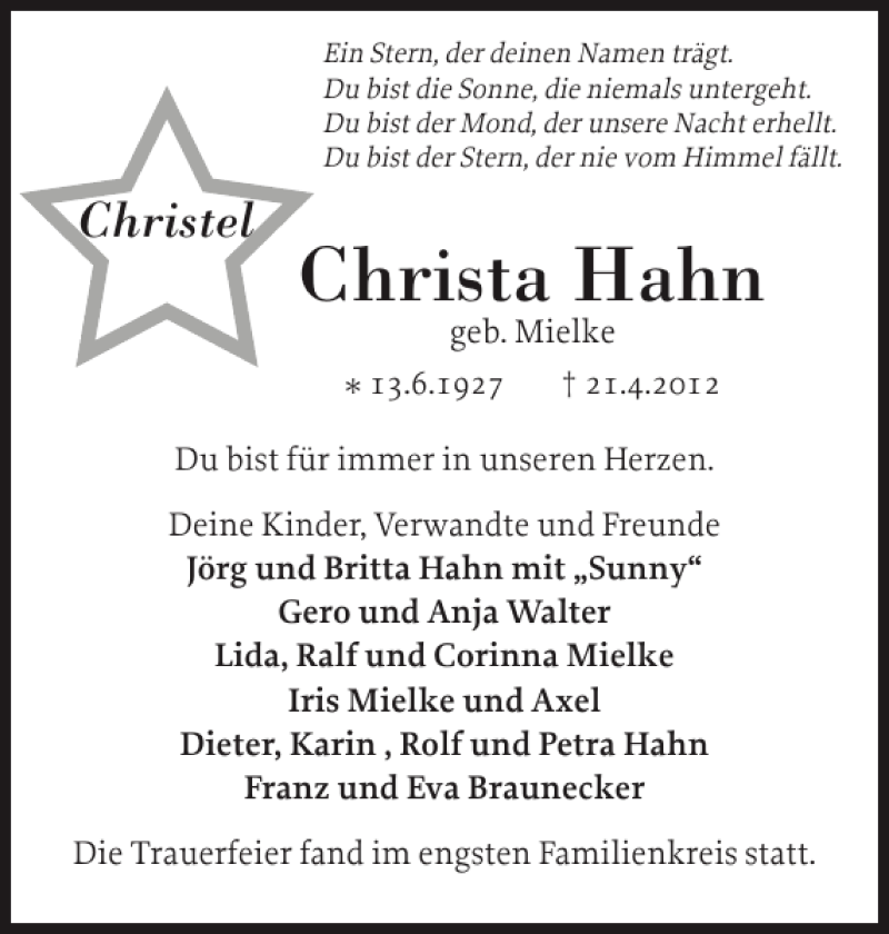  Traueranzeige für Christa Hahn vom 19.05.2012 aus Ostholsteiner Anzeiger