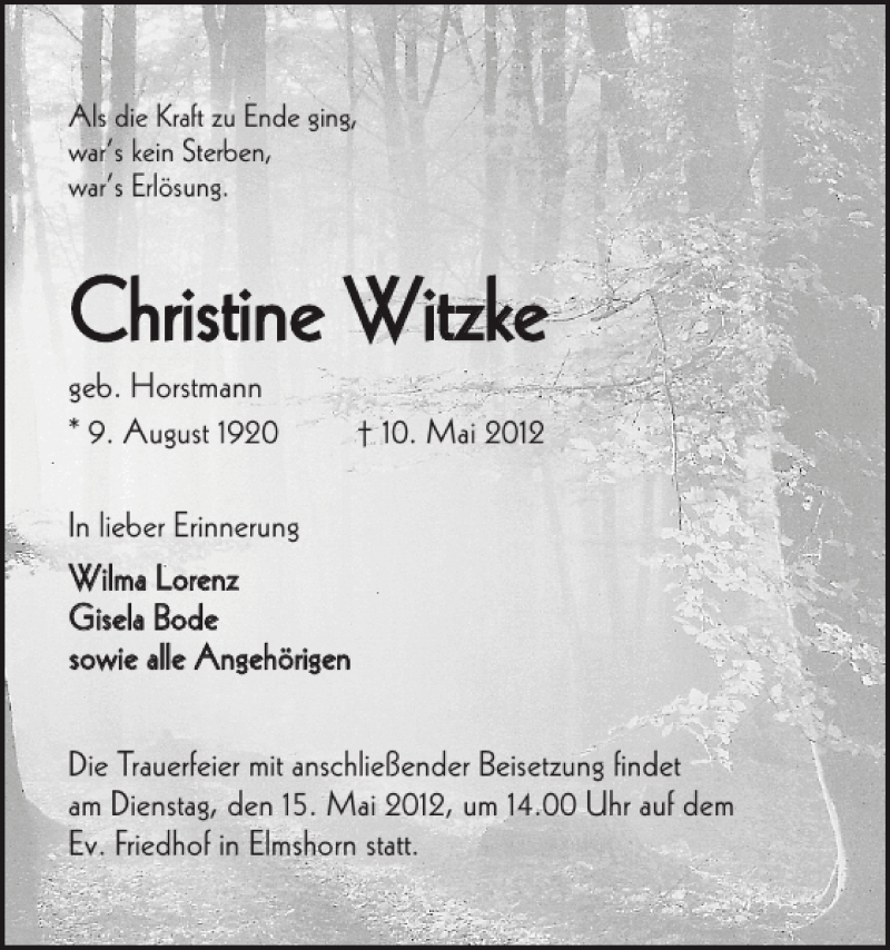  Traueranzeige für Christine Witzke vom 14.05.2012 aus Elmshorner Nachrichten
