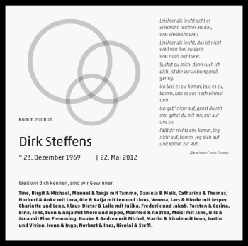 Traueranzeige von Dirk Steffens von Flensburger Tageblatt