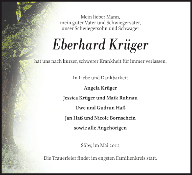  Traueranzeige für Eberhard Krüger vom 29.05.2012 aus Eckernförder Zeitung