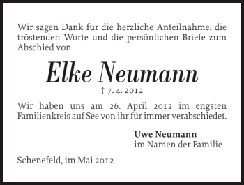 Traueranzeige von Elke Neumann von Norddeutsche Rundschau