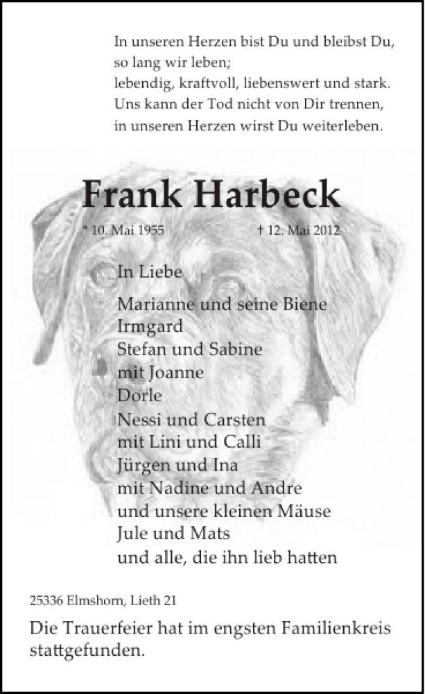  Traueranzeige für Frank Harbeck vom 26.05.2012 aus Elmshorner Nachrichten