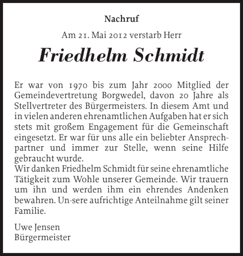  Traueranzeige für Friedhelm Schmidt vom 24.05.2012 aus Schleswiger Nachrichten