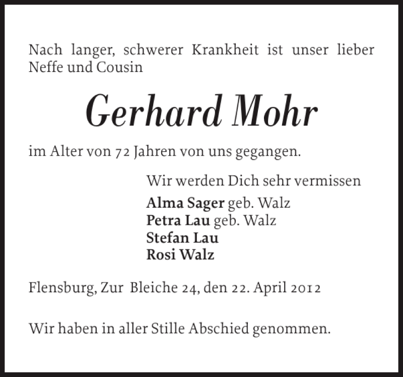  Traueranzeige für Gerhard Mohr vom 09.05.2012 aus Flensburger Tageblatt