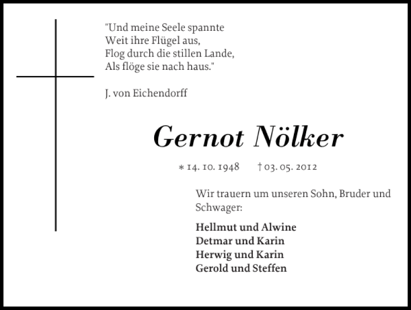  Traueranzeige für Gernot Nölker vom 05.05.2012 aus Flensburger Tageblatt