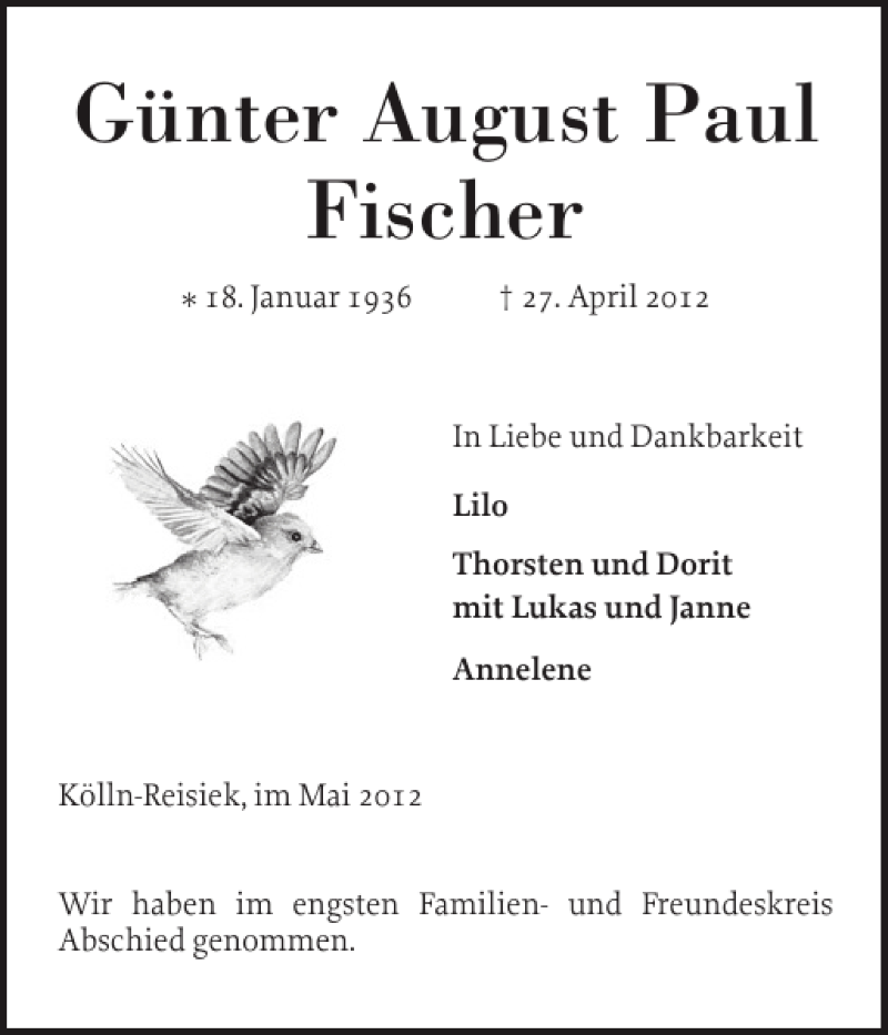  Traueranzeige für Günter August Paul Fischer vom 05.05.2012 aus Elmshorner Nachrichten