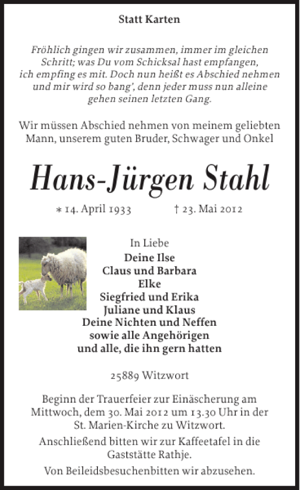  Traueranzeige für Hans-Jürgen Stahl vom 26.05.2012 aus Husumer Nachrichten