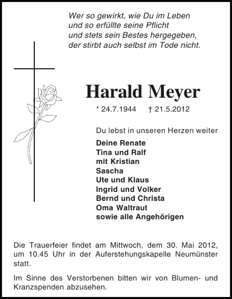  Traueranzeige für Harald Meyer vom 26.05.2012 aus Holsteinischer Courier