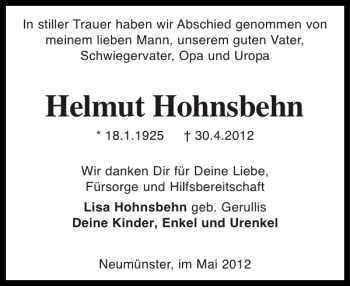 Traueranzeige von Helmut Hohnsbehn von Holsteinischer Courier