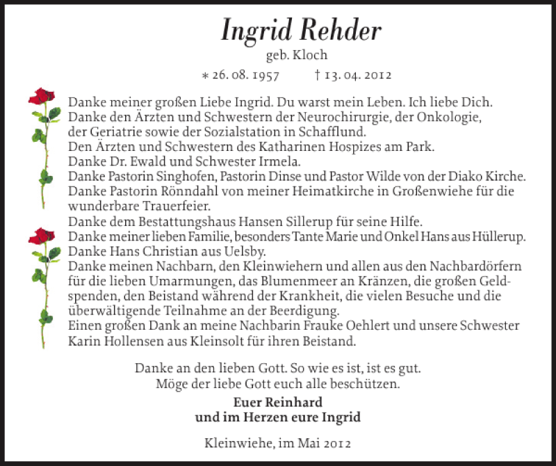  Traueranzeige für Ingrid Rehder vom 11.05.2012 aus Flensburger Tageblatt