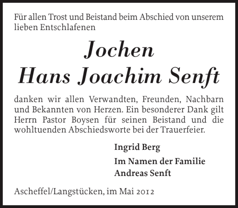  Traueranzeige für Jochen Hans Joachim Senft vom 12.05.2012 aus Landeszeitung