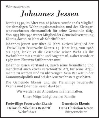Traueranzeige von Johannes Jessen von Schleswiger Nachrichten