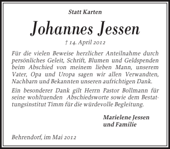 Traueranzeige von Johannes Jessen von Husumer Nachrichten
