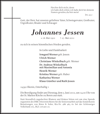 Traueranzeige von Johannes Jessen von Flensburger Tageblatt