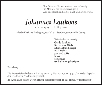 Traueranzeige von Johannes Laukens von Flensburger Tageblatt