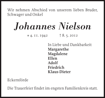Traueranzeige von Johannes Nielson von Eckernförder Zeitung
